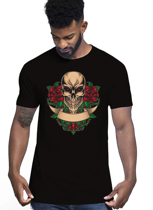 Skull and Roses Skull Motor Tattoo 9051 T-shirt Urban Men Uomo 100% Cotone Pettinato JK STREET STYLE