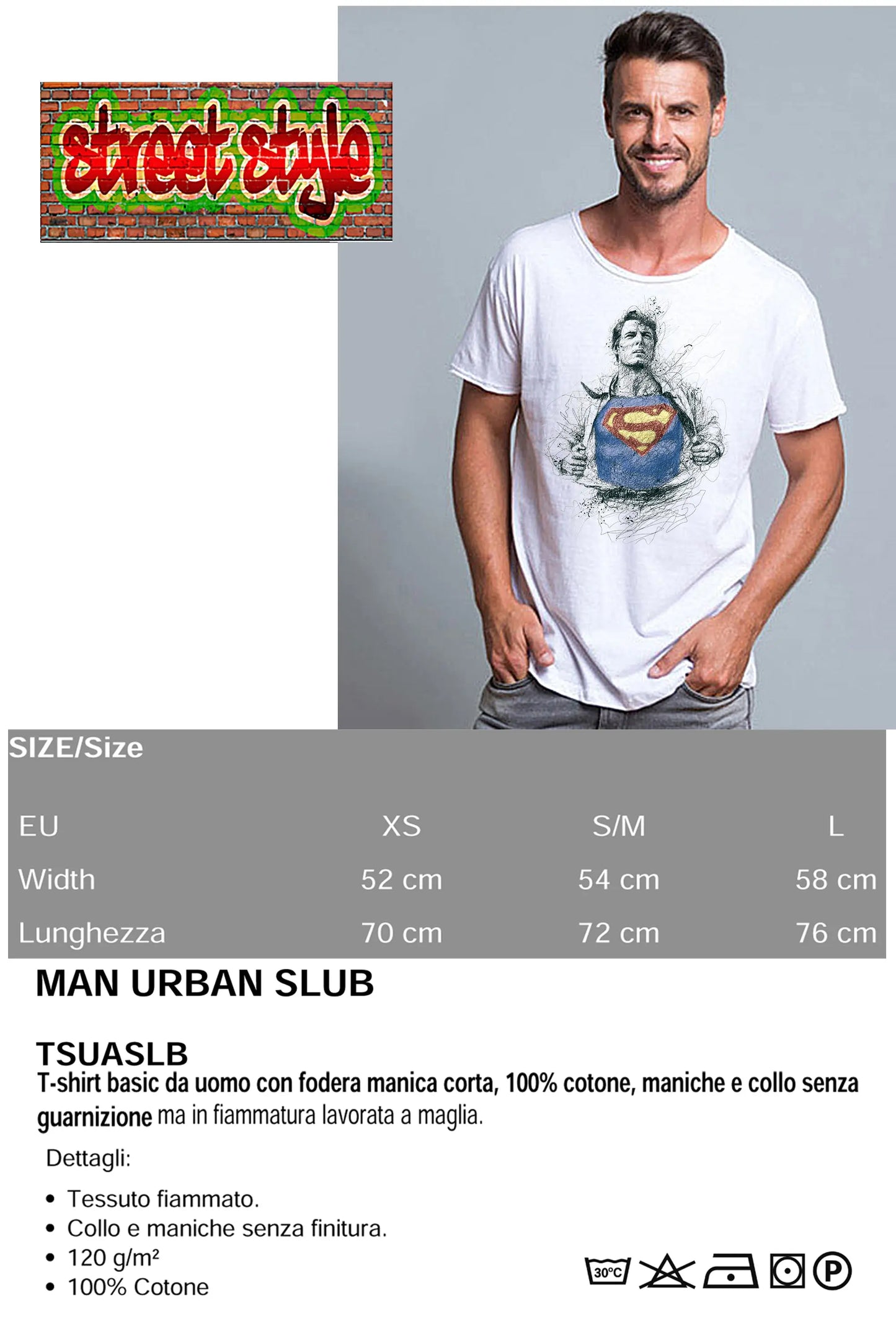 Superman Artistico Stilizzato Super Eroi  18-43 T-shirt Urban Slub Men Uomo 100% Cotone Fiammato JK STREET STYLE