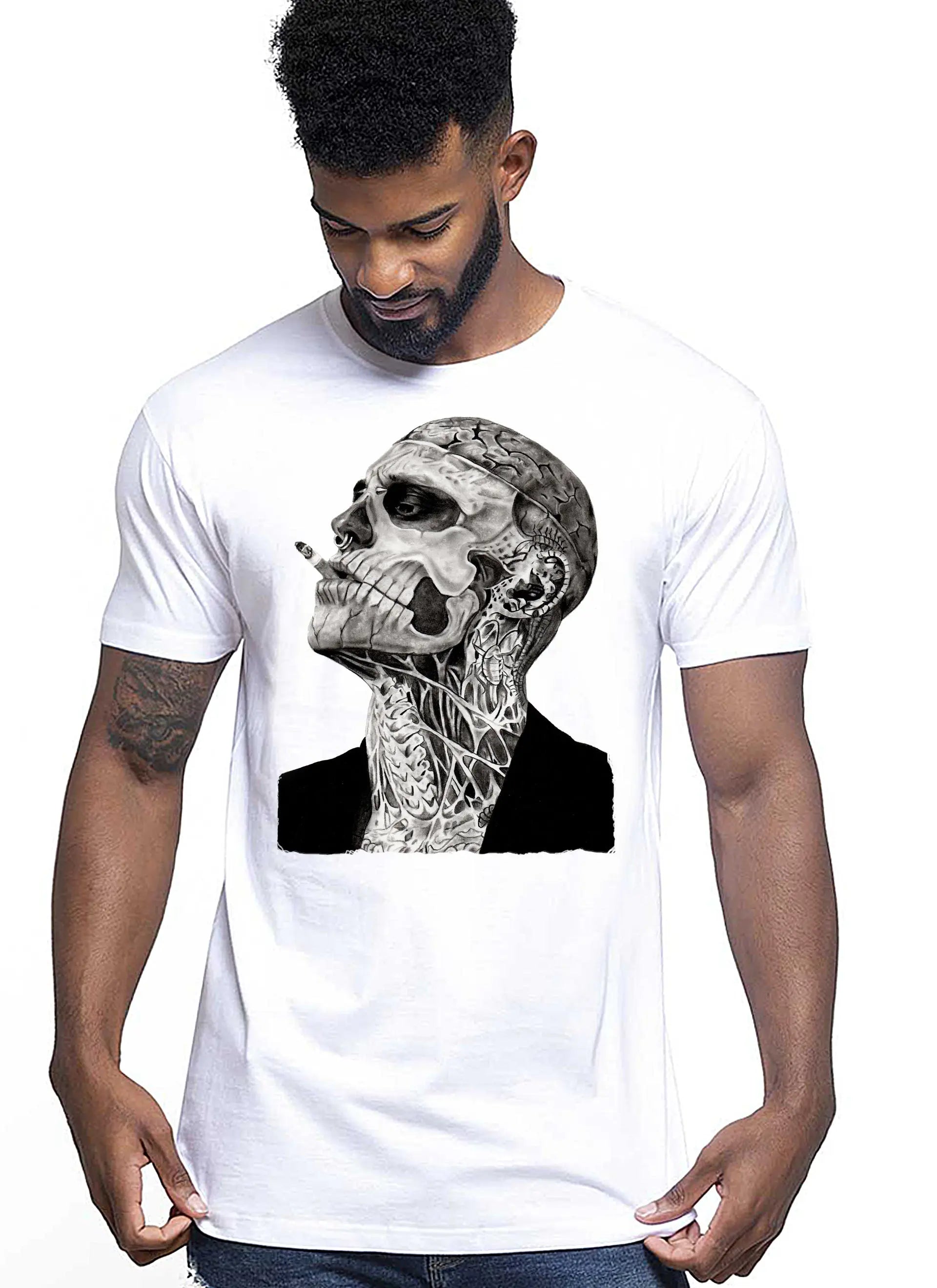 Tattoo Uman Men Cigar Skull Zombi Tattoo 9024 T-shirt Urban Men Uomo 100% Cotone Pettinato JK STREET STYLE