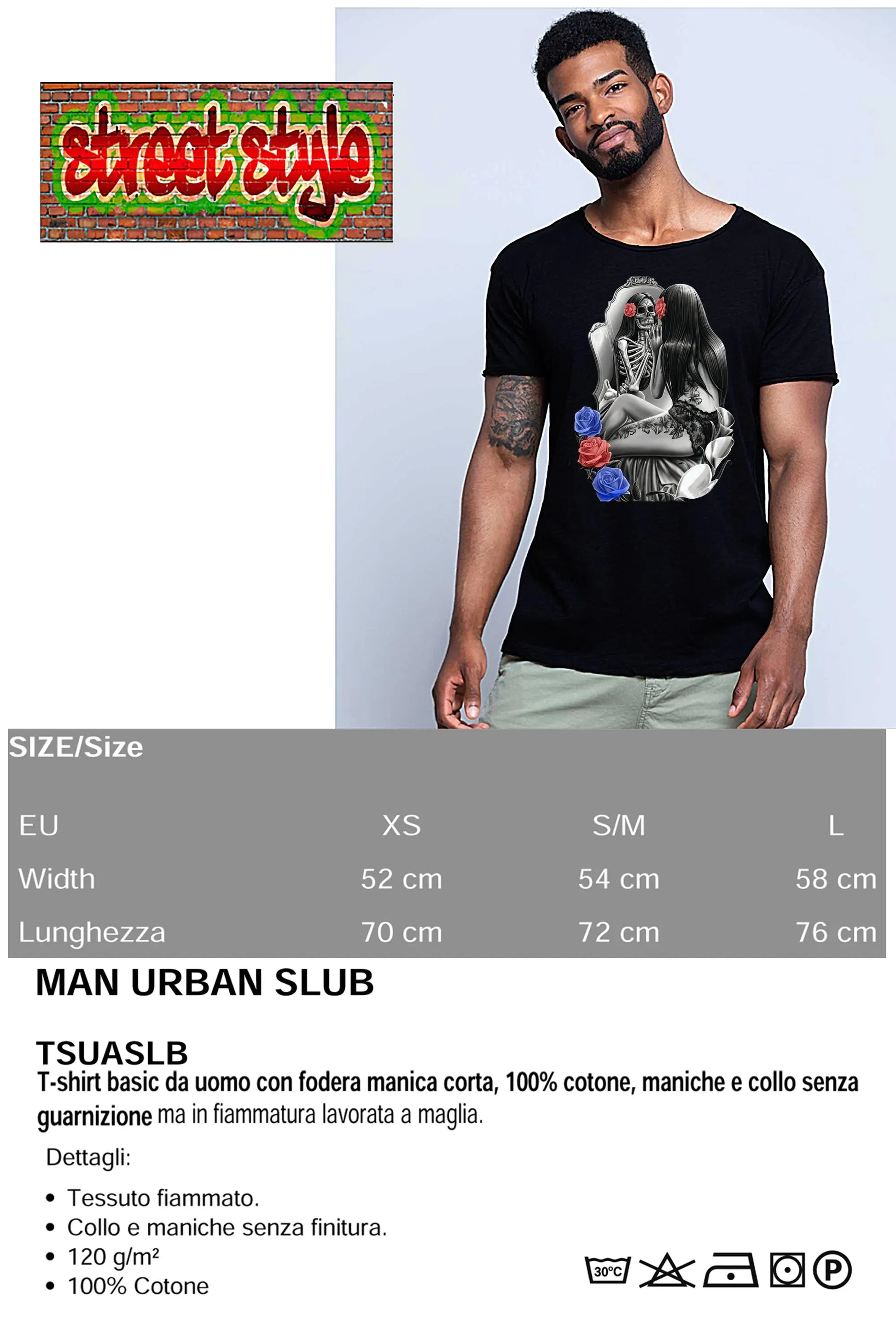 Vanity Tattoo Skull 9050-12 T-shirt Urban Slub Men Uomo 100% Cotone Fiammato JK STREET STYLE