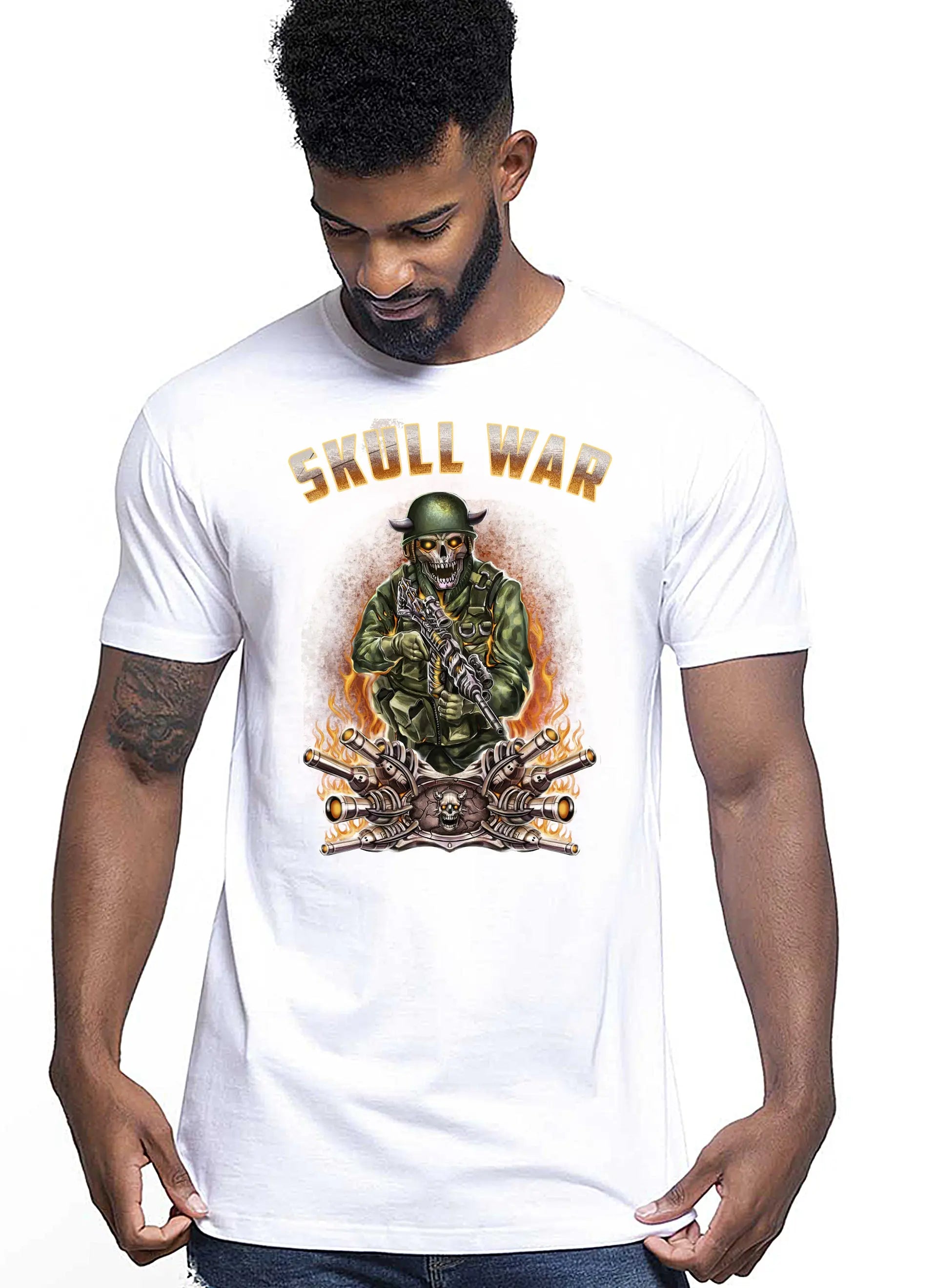 War Skull Tattoo 9053 T-shirt Urban Men Uomo 100% Cotone Pettinato JK STREET STYLE