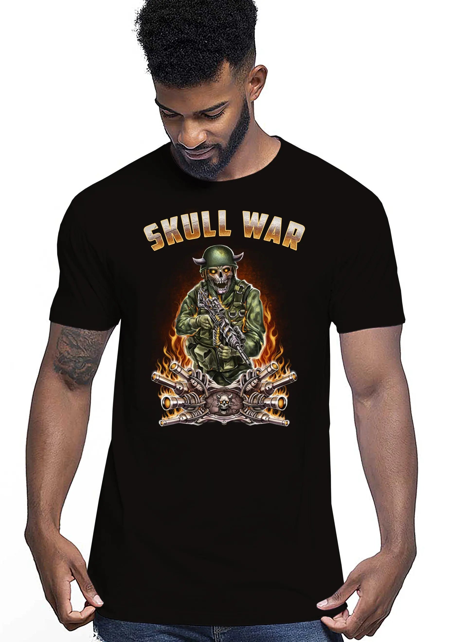 War Skull Tattoo 9053 T-shirt Urban Men Uomo 100% Cotone Pettinato JK STREET STYLE