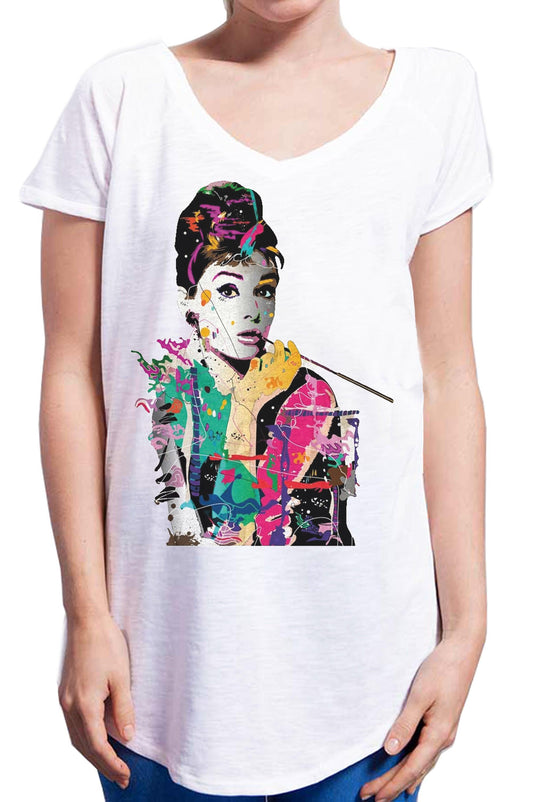 Audrey Hepburn Attrice Cinema Soggetto Stilizzato 18-15  Urban Slub Lady Donna Cotone 100% Fiammato JK STREET STYLE