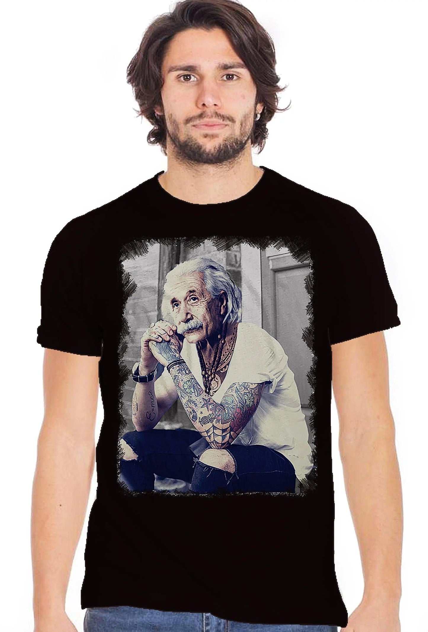Genius Einstein Tatuato Color & Grey 18-84 T-Shirt Urban Men Uomo 100% Cotone Fiammato STREET STYLE