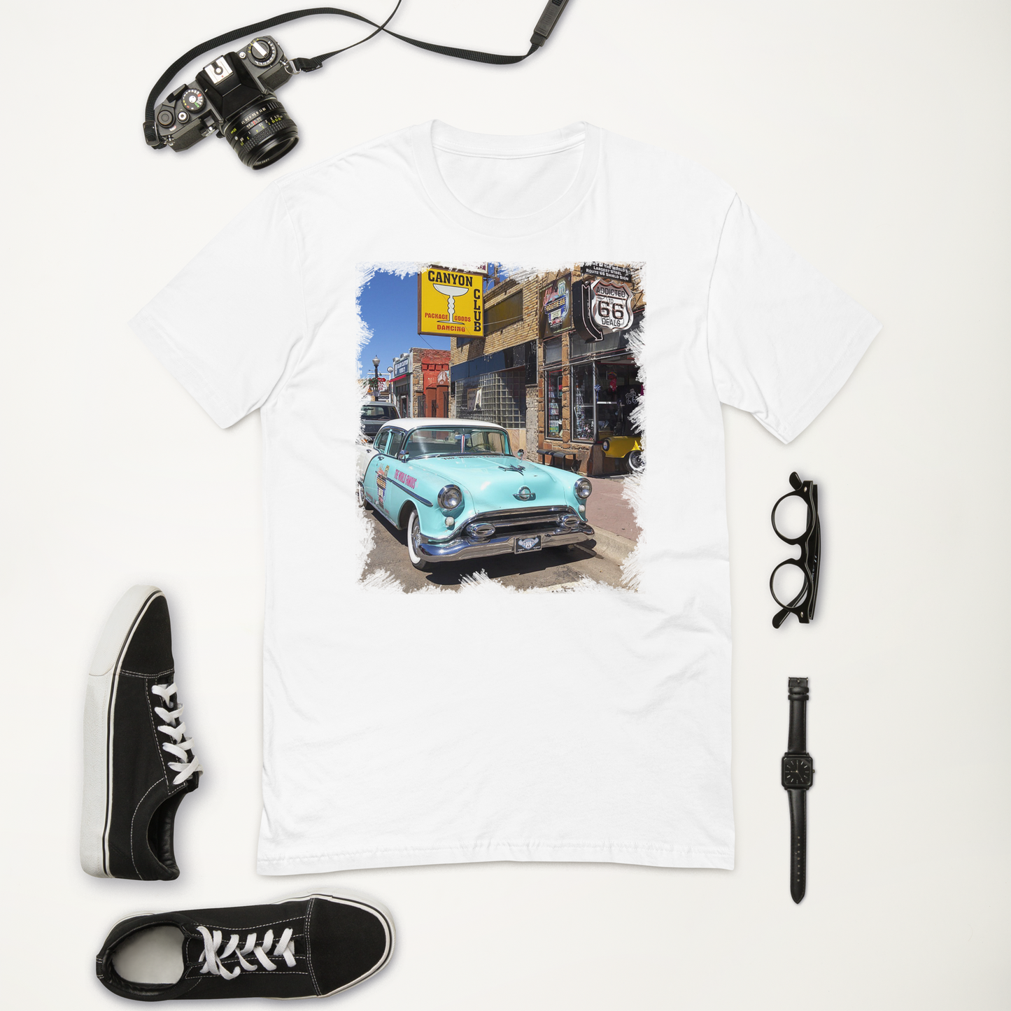 T-shirt Vintage Route 66 con Auto d'Epoca Americana