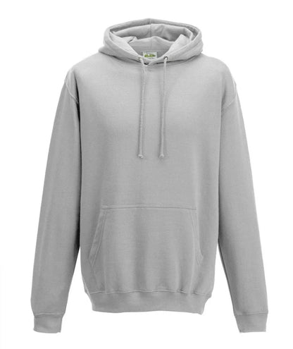 Felpa unisex grigio melange con cappuccio, tasca frontale e stile streetwear urban.