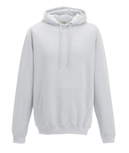 Felpa unisex bianca con cappuccio, tasca frontale e lacci, stile streetwear urban.