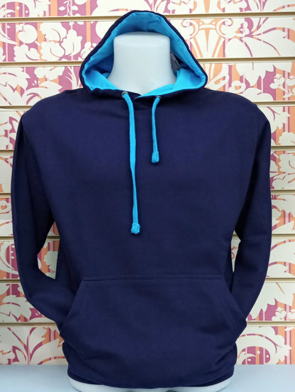 Felpa unisex blu navy streetwear con cappuccio e laccetti azzurri, tasca frontale