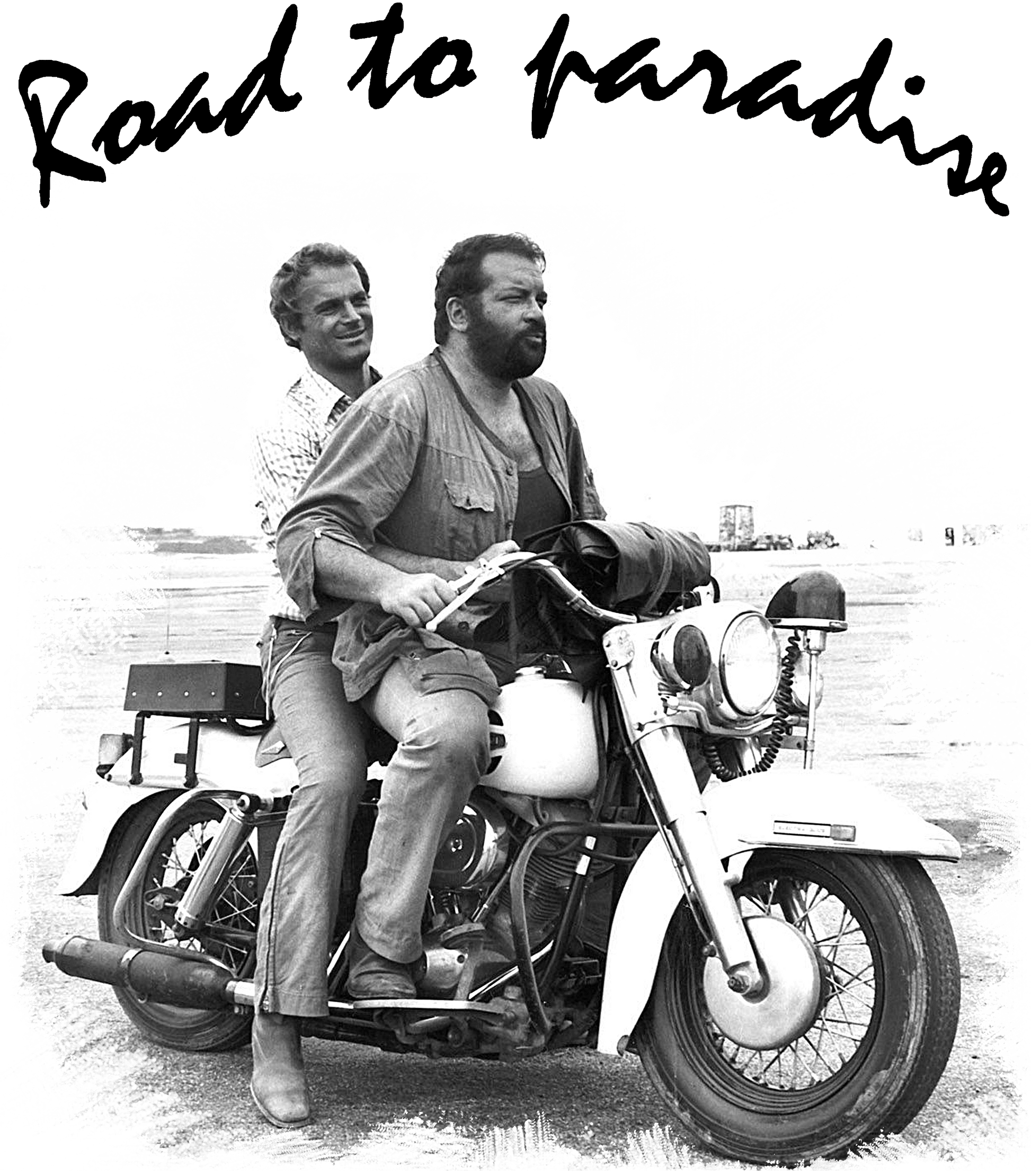 Bud Spencer e Terence Hill  The Legend Road to paradise Su Moto Art. 18-70-5 T-Shirt Urban Men Uomo 100% Cotone Fiammato STREET STYLE