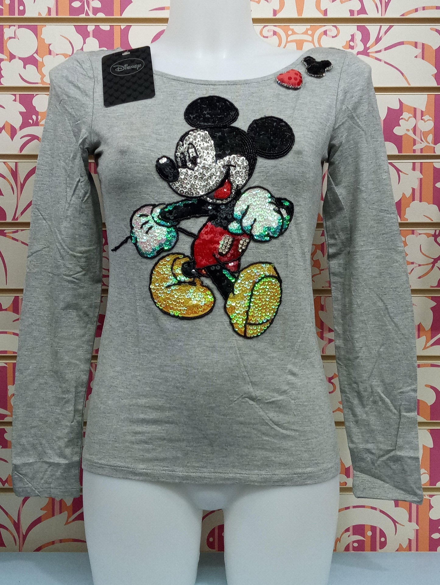 DT092TWW T-SHIRT TOPOLINO PAILETTES MANICHE LUNGE - DISNEY T-SHIRT DONNA - STREET STYLE PRINT stampa personalizzata