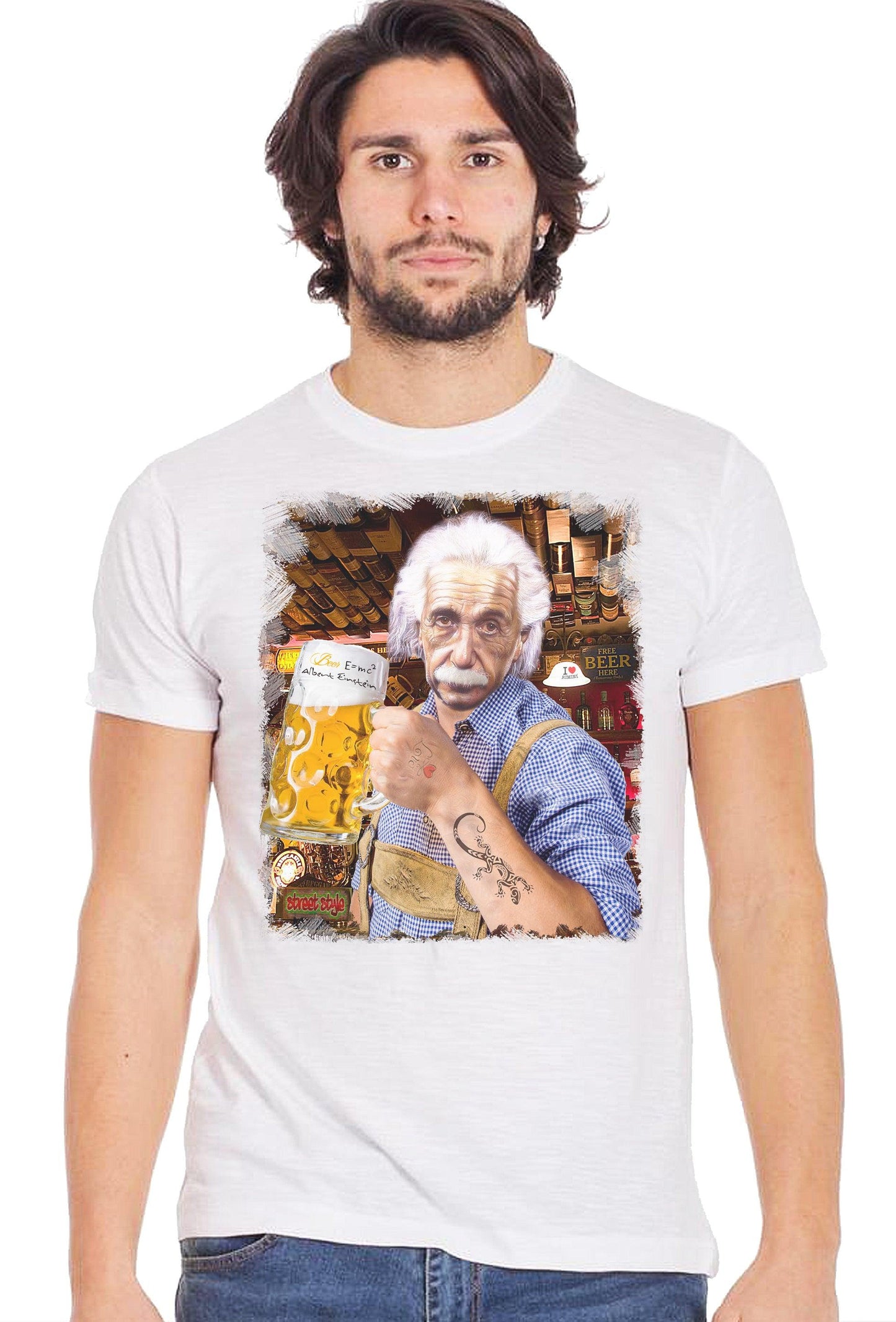 Einstein che Beve Birra Art. 18-84-5 T-Shirt Urban Men Uomo 100% Cotone Fiammato STREET STYLE