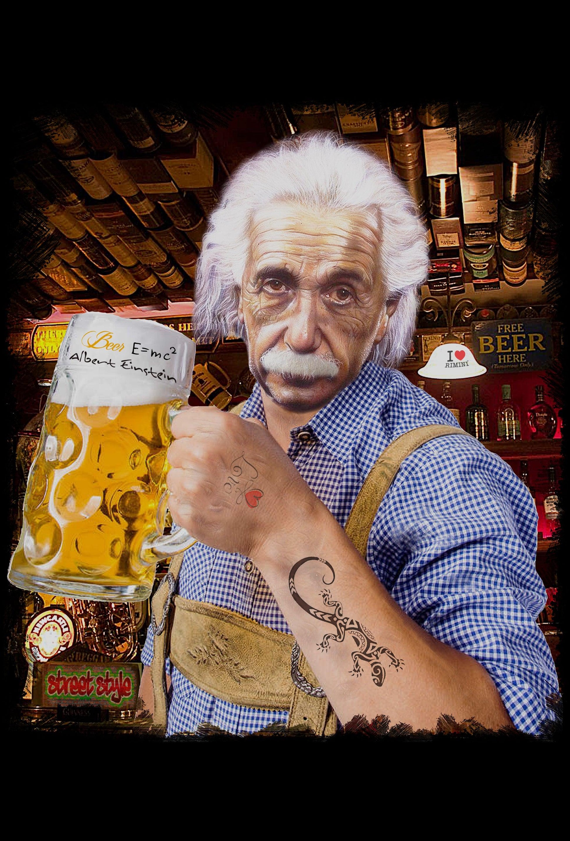 Einstein che Beve Birra Art. 18-84-5 T-Shirt Urban Men Uomo 100% Cotone Fiammato STREET STYLE